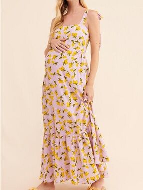 Yumi Kim Maternity Rosa Maxi Dress Pink & Yellow Lemon Print Size Large